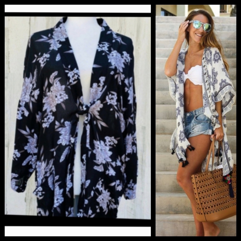 SPIRITUAL GANGSTER Black and White floral open front Kimono One Size●